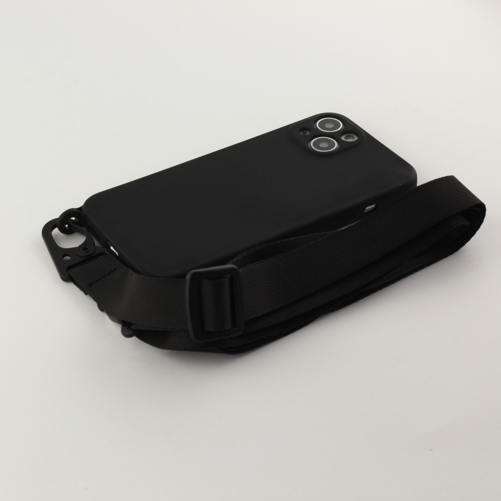 iPhone 13 Case Hülle - Silikon mit Kordel und Haken - Schwarz