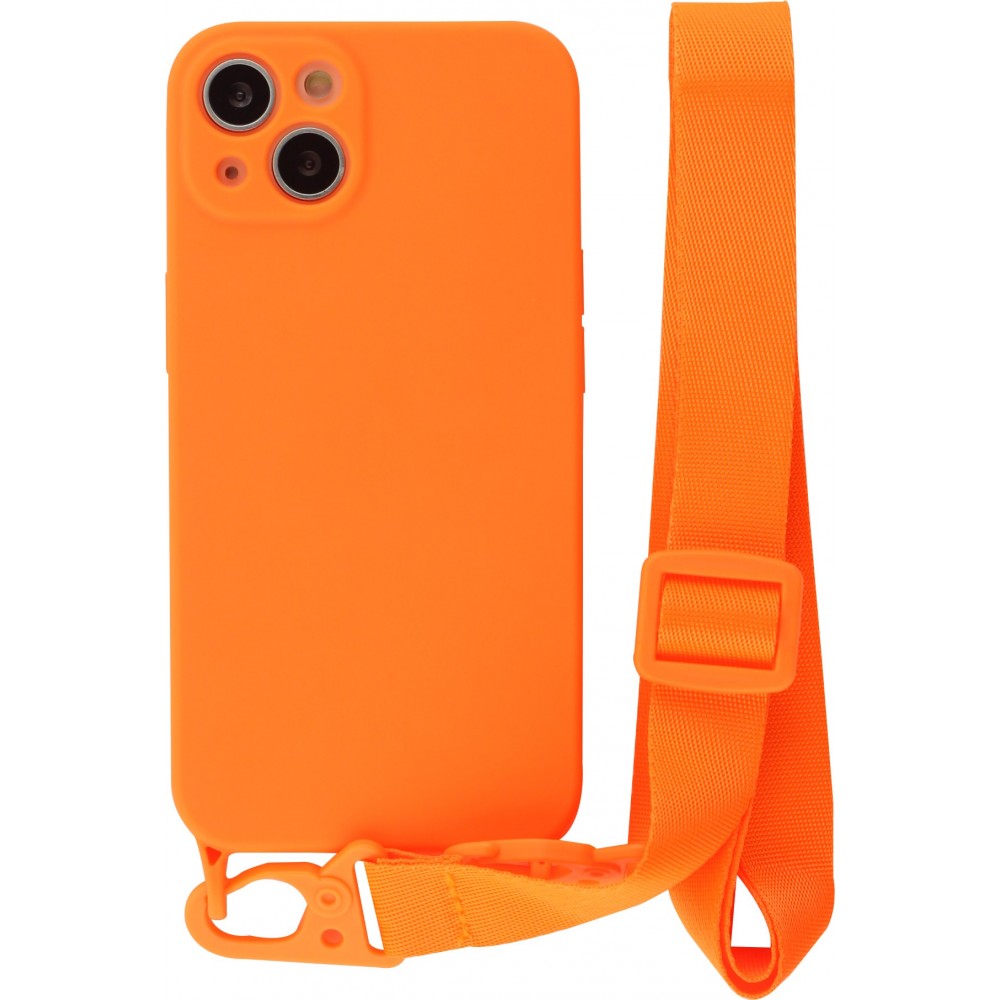 Coque iPhone 13 - Silicone avec lanière et crochet - Orange