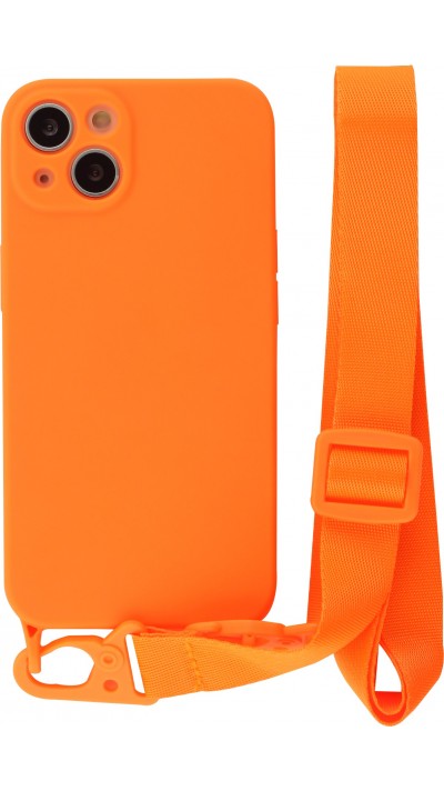Coque iPhone 13 mini - Silicone avec lanière et crochet - Orange