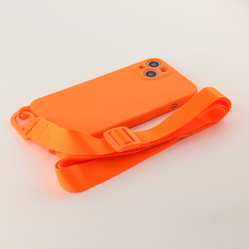 Coque iPhone 13 - Silicone avec lanière et crochet - Orange