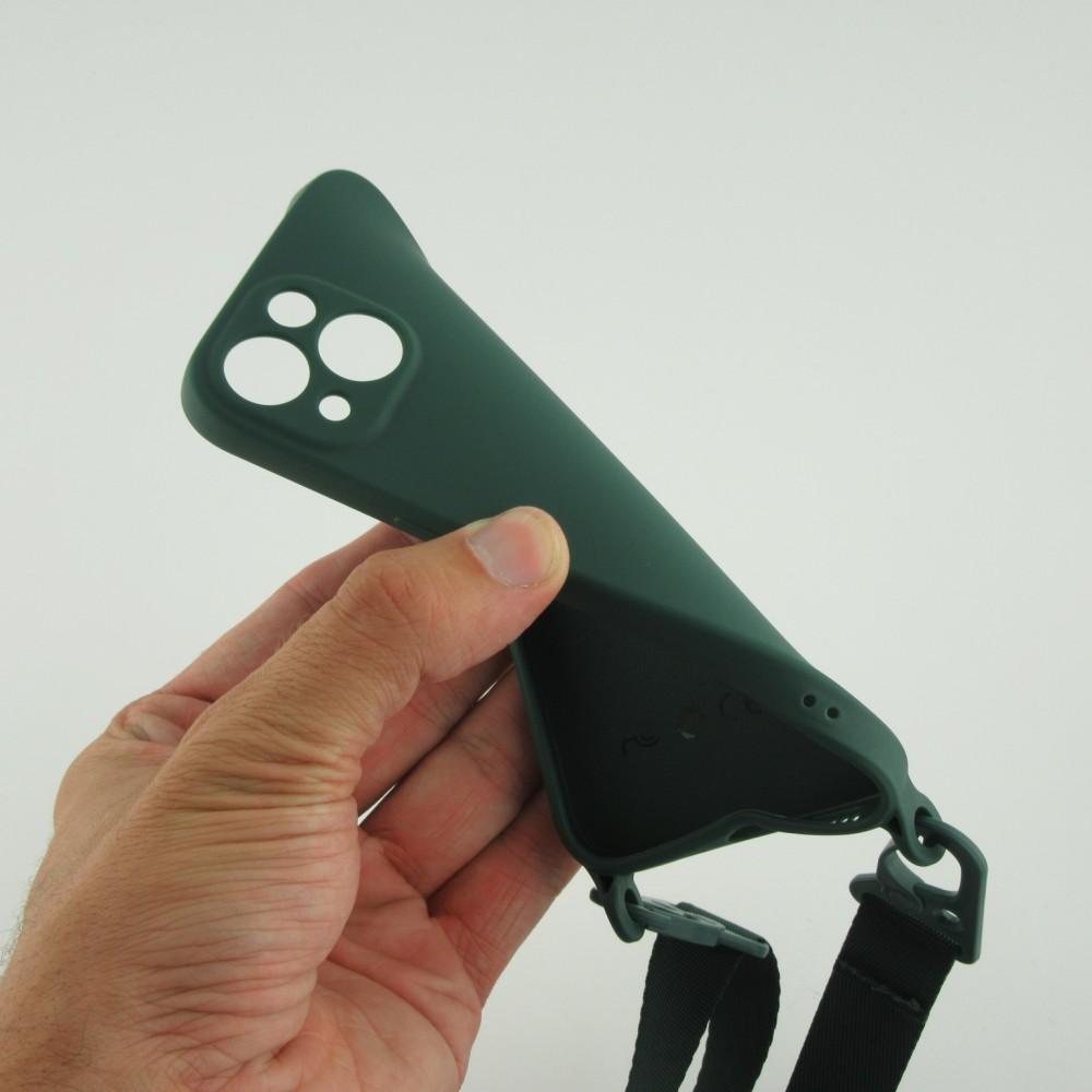 Coque iPhone 13 mini - Silicone avec lanière et crochet - Vert foncé