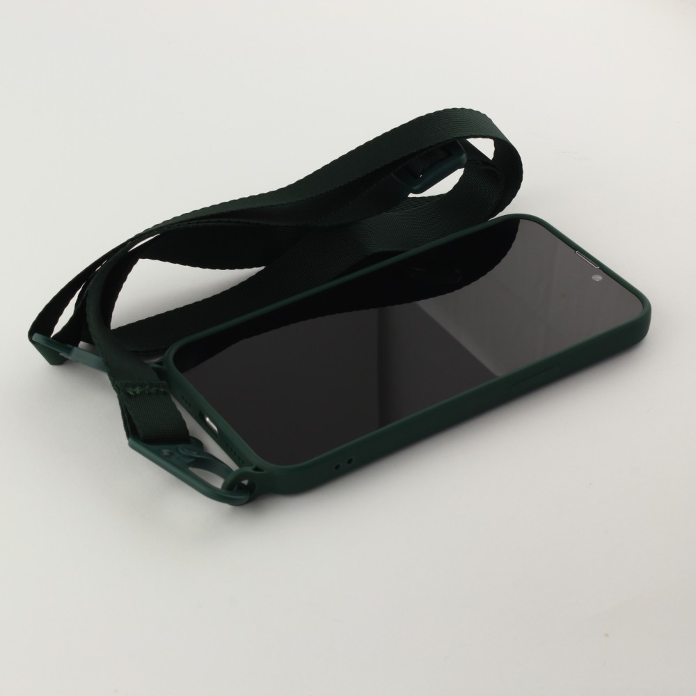 iPhone 13 Case Hülle - Silikon mit Kordel und Haken - Dunkelgrün