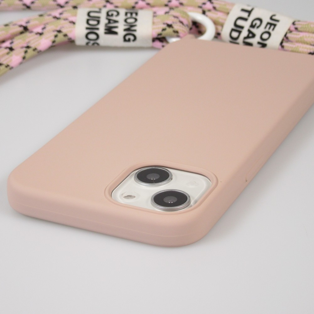 Coque iPhone 13 - Silicone souple fashion Jeong Gam Studio Laugh Often avec cordon - Rose
