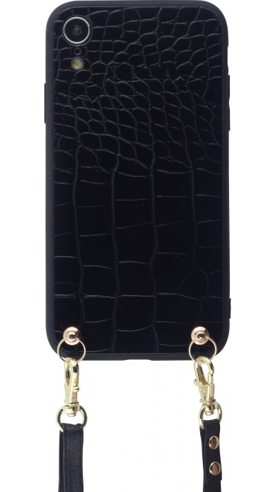 Coque iPhone XR - Croco avec lanière - Noir