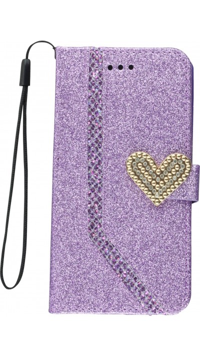 Hülle iPhone X / Xs - Flip Strass line big heart - Violett