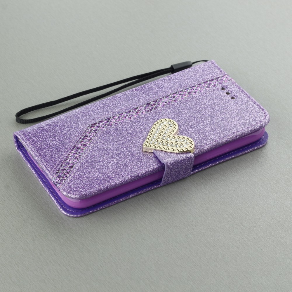 Coque iPhone X / Xs - Flip Strass line big heart - Violet