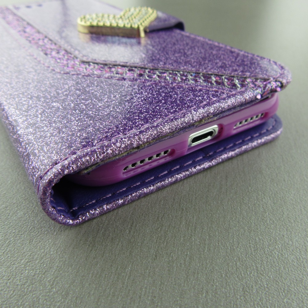 Coque iPhone X / Xs - Flip Strass line big heart - Violet