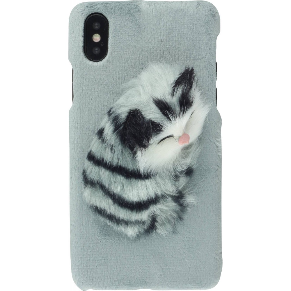 Hülle iPhone X / Xs - Fluffy Katze 3D - Grau