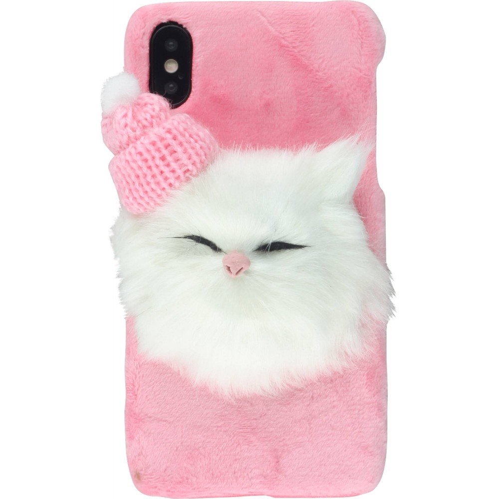 Coque iPhone X / Xs - Fluffy chat 3D - Rose