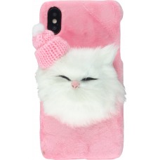 Hülle iPhone X / Xs - Fluffy Katze 3D - Rosa