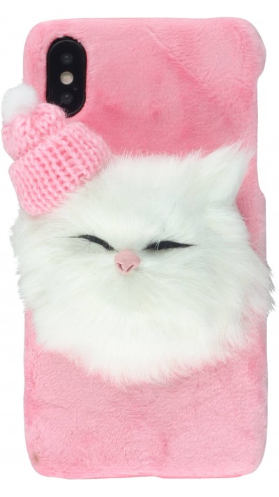 Hülle iPhone X / Xs - Fluffy Katze 3D - Rosa