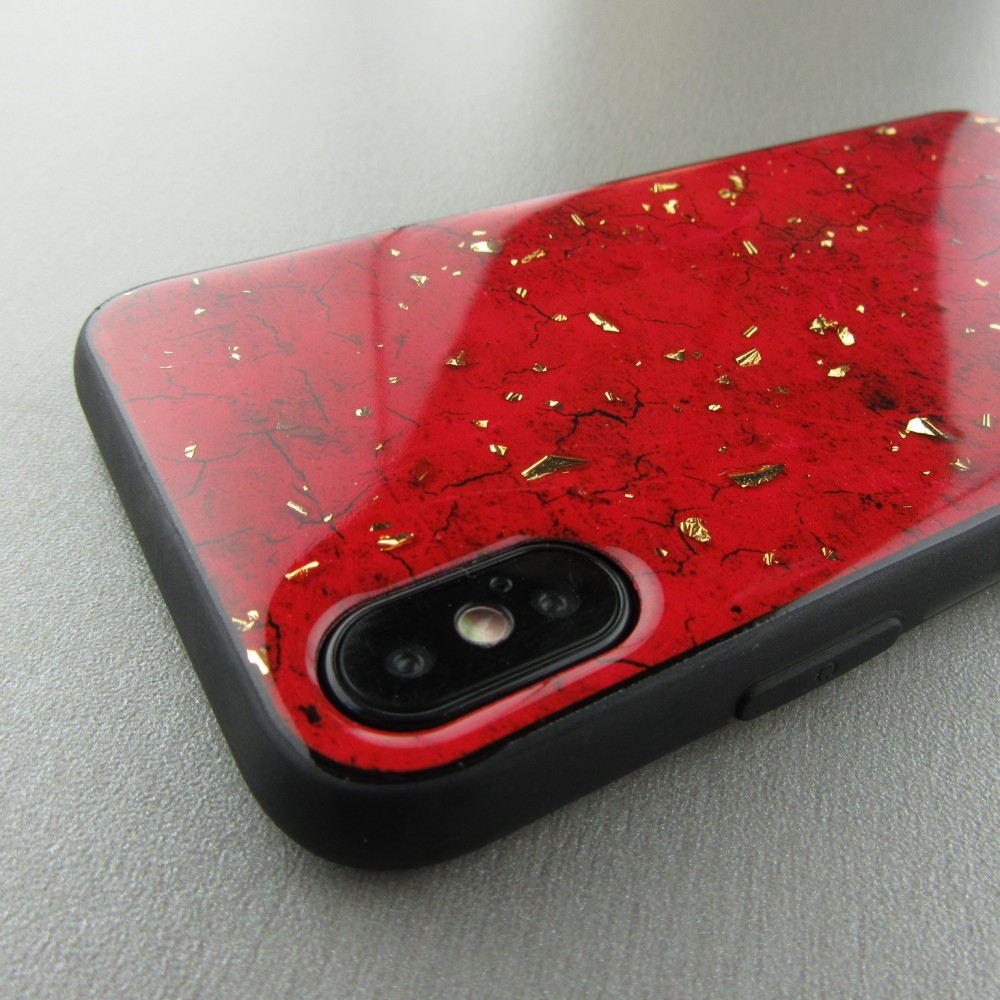Coque iPhone XR - Gold Flakes Marble - Rouge