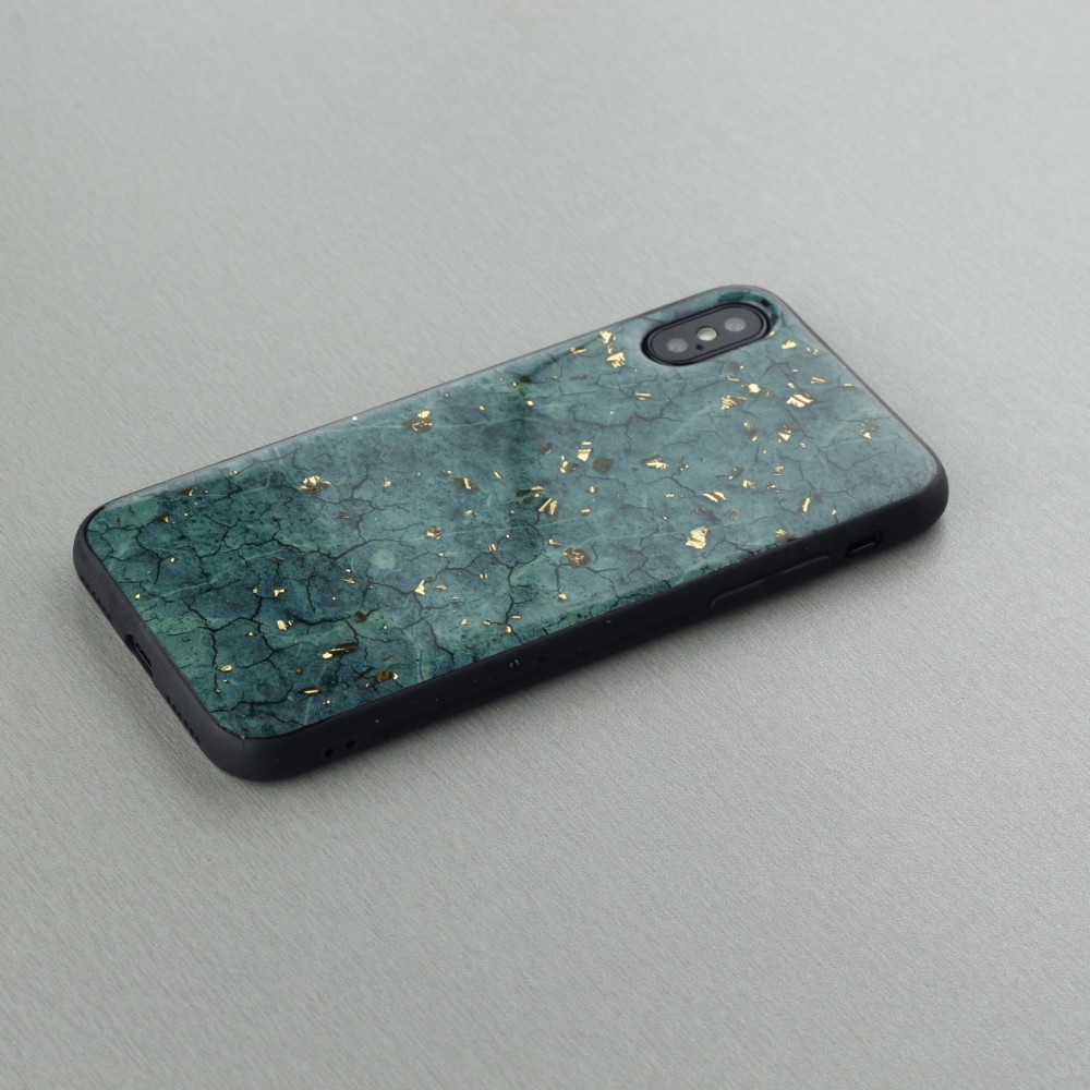 Coque iPhone X / Xs - Gold Flakes Marble - Vert