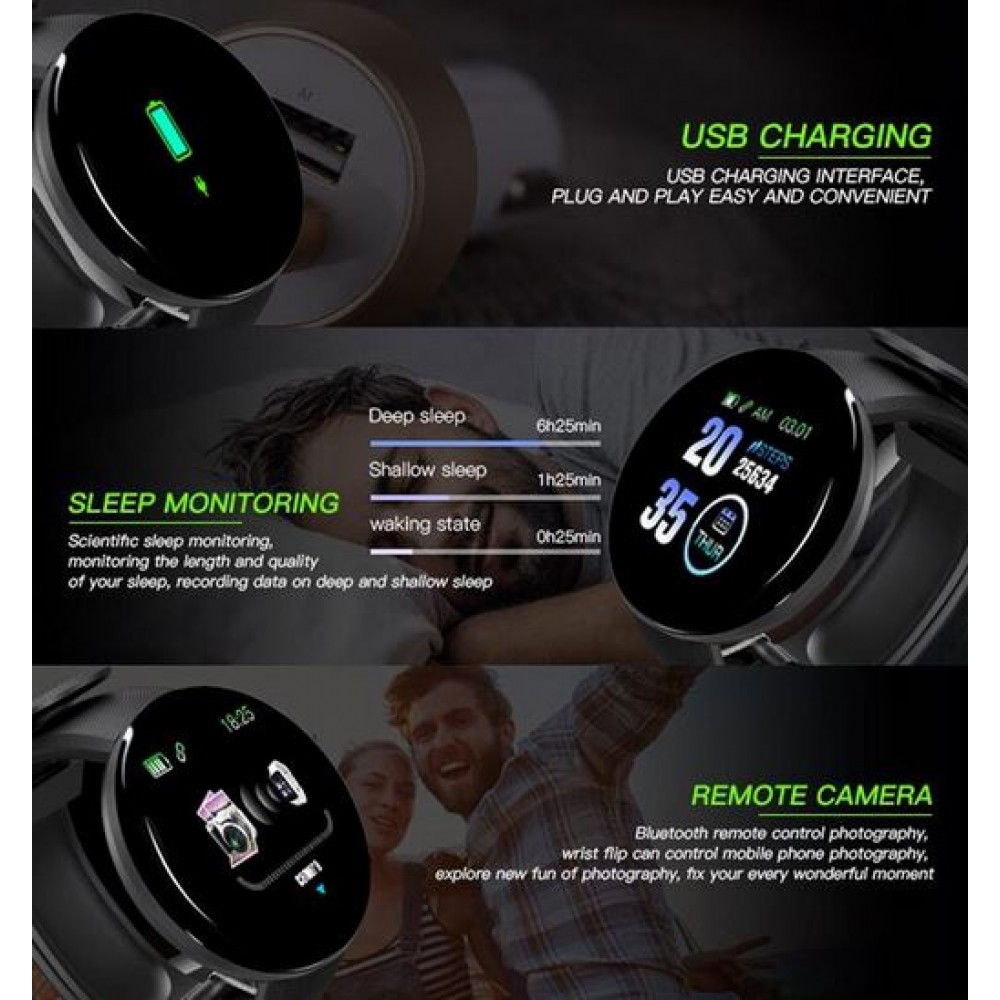 D18 Smart Watch Fitness Tracker Color Touch Screen IP65 inkl. Phone App - Rot