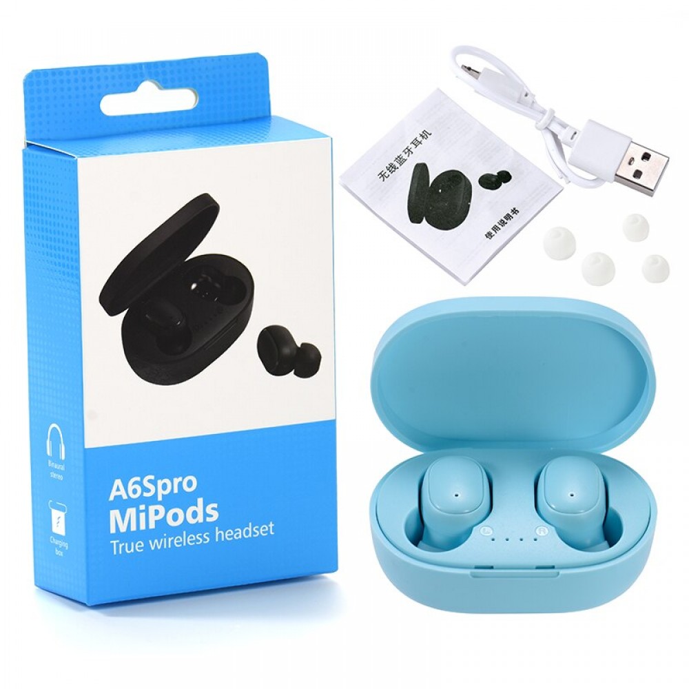 Kabellose Bluetooth Kopfhörer A6S - inkl. Mikrofon, Touch Control und Lade Etui mit LED Anzeige - Blau