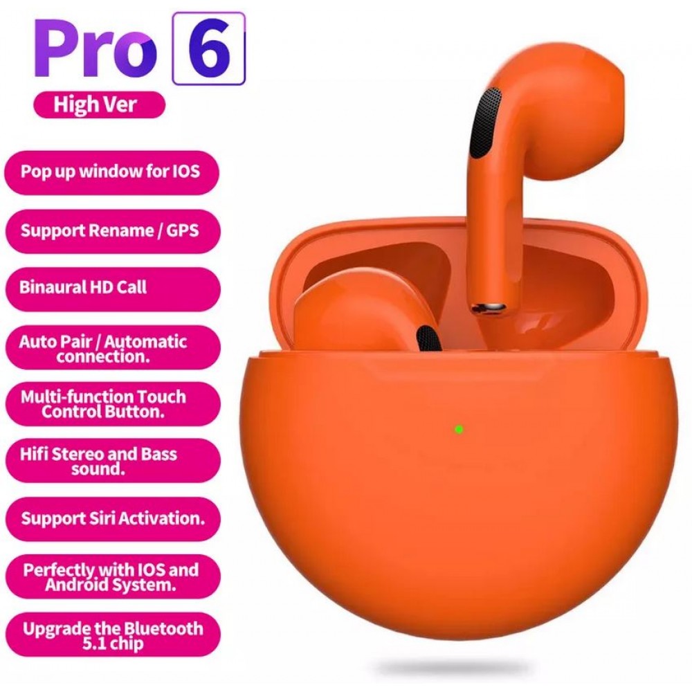 Bluetooth 5.0 Kopfhörer Pro 6 Super Bass wireless Earbuds rundes Design - Orange