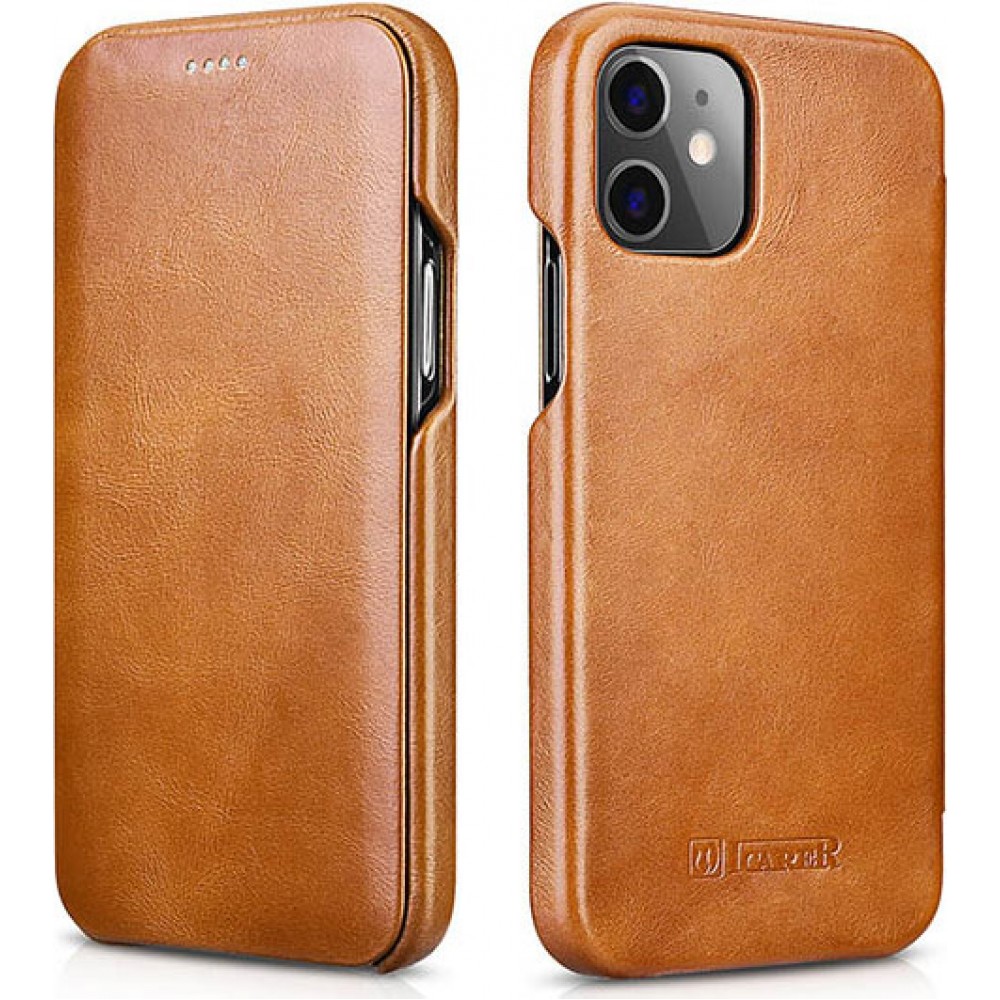 Etui cuir iPhone 12 / 12 Pro - ICARER avec rabat brun clair