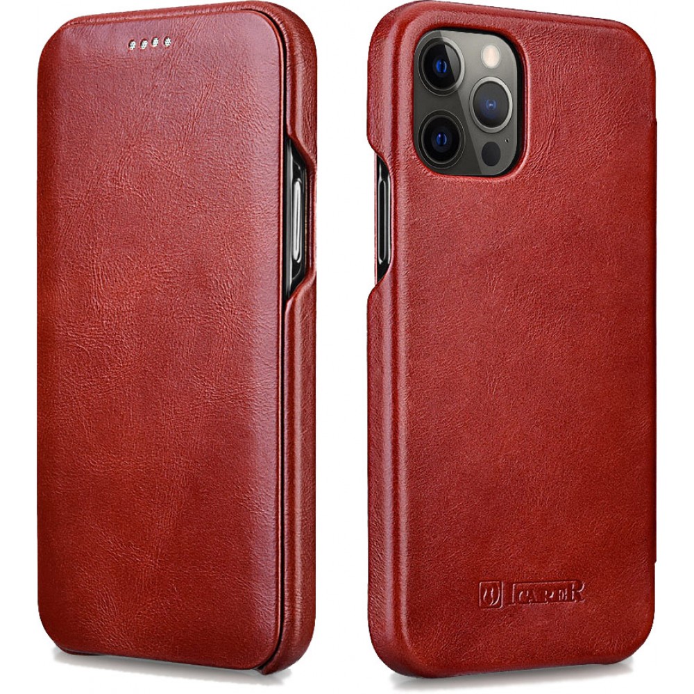 Etui cuir iPhone 12 / 12 Pro - ICARER avec rabat brun foncé