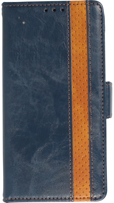 Etui cuir iPhone 13 - Flip Wallet en cuir véritable avec stripe design et compartiment à cartes - Bleu
