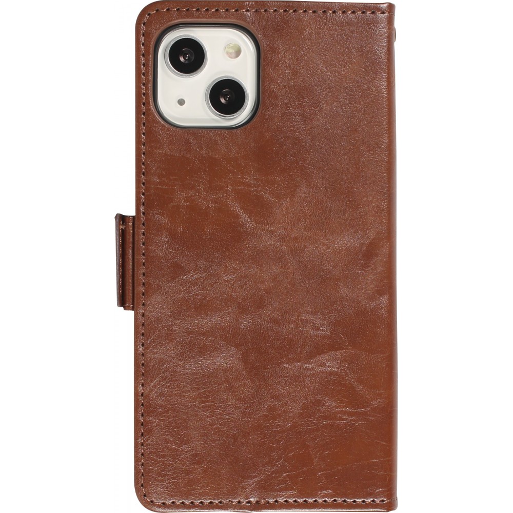 Etui cuir iPhone 13 - Flip Wallet en cuir véritable avec stripe design et compartiment à cartes - Brun foncé