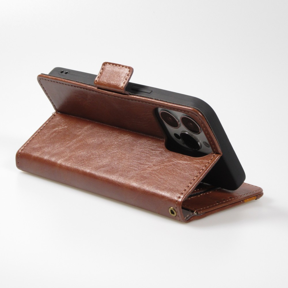 Etui cuir iPhone 13 - Flip Wallet en cuir véritable avec stripe design et compartiment à cartes - Brun foncé