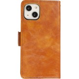 iPhone 13 Leder Tasche - Flip Wallet Echtleder mit Akzentstreifen & Kartenhalter - Braun