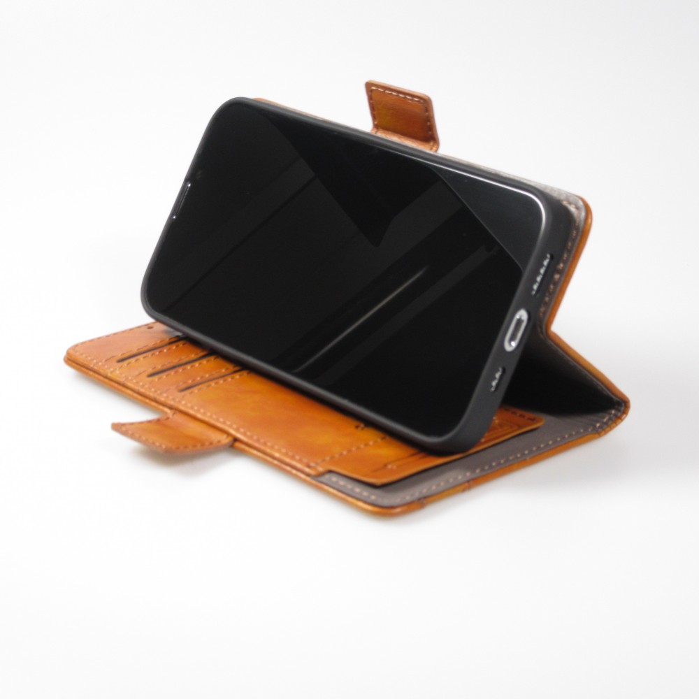iPhone 13 Leder Tasche - Flip Wallet Echtleder mit Akzentstreifen & Kartenhalter - Braun