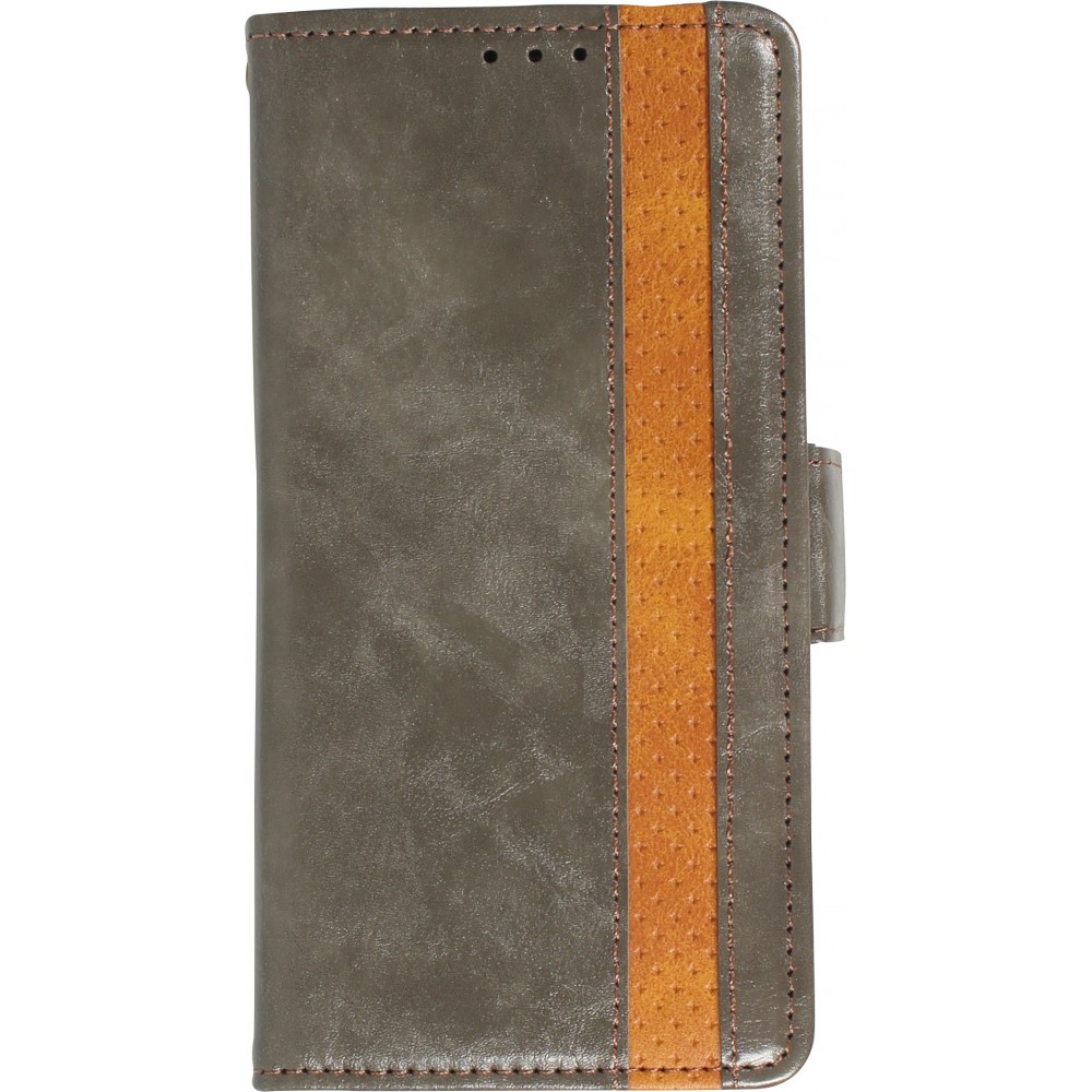 Etui cuir iPhone 13 - Flip Wallet en cuir véritable avec stripe design et compartiment à cartes - Gris