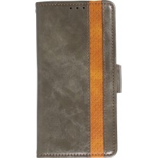 iPhone 13 Leder Tasche - Flip Wallet Echtleder mit Akzentstreifen & Kartenhalter - Grau