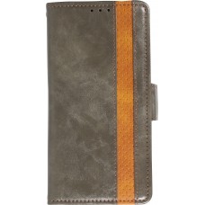 Etui cuir iPhone 13 - Flip Wallet en cuir véritable avec stripe design et compartiment à cartes - Gris