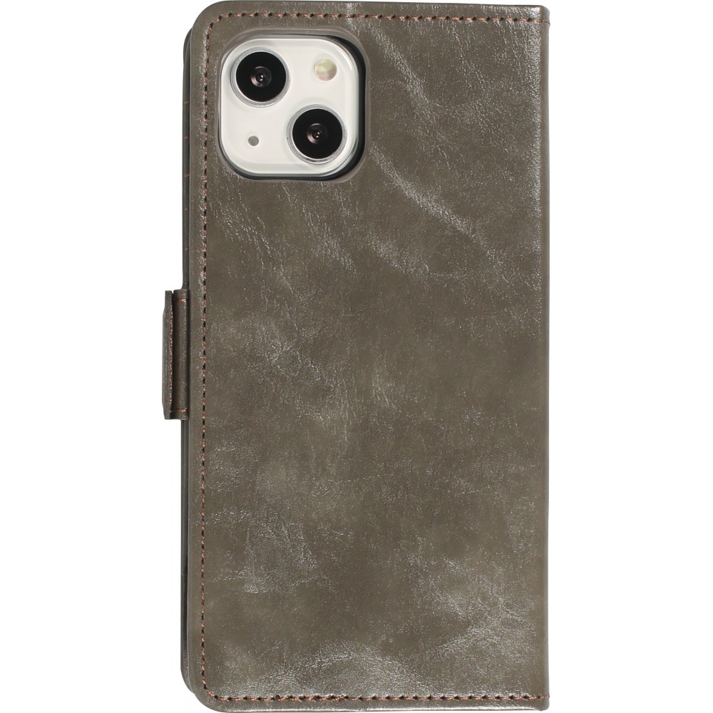 Etui cuir iPhone 13 - Flip Wallet en cuir véritable avec stripe design et compartiment à cartes - Gris