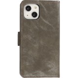 Etui cuir iPhone 13 - Flip Wallet en cuir véritable avec stripe design et compartiment à cartes - Gris