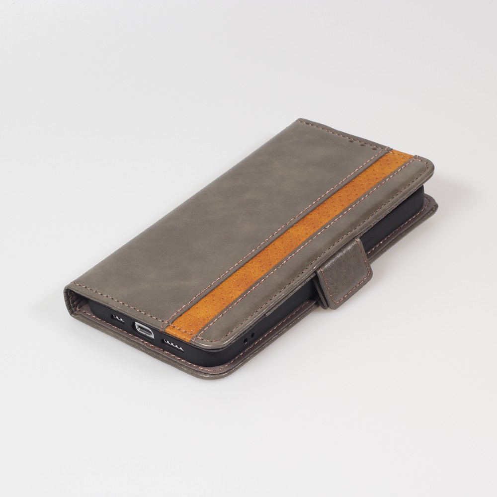 Etui cuir iPhone 13 - Flip Wallet en cuir véritable avec stripe design et compartiment à cartes - Gris