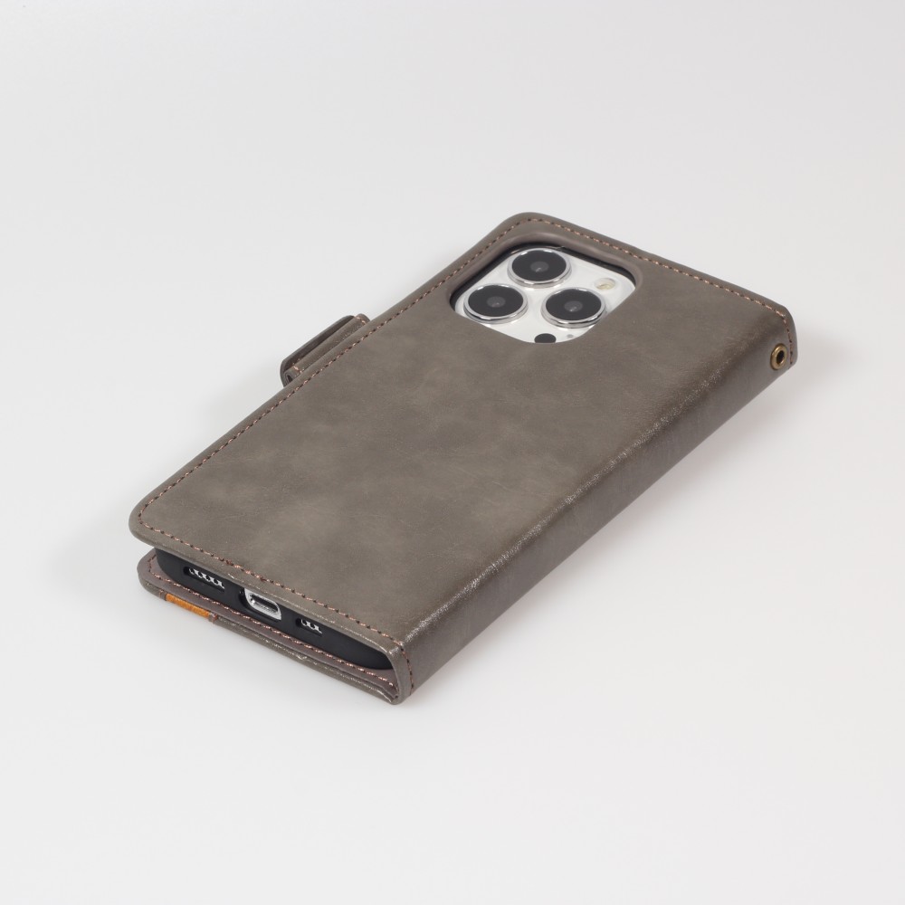 iPhone 13 Leder Tasche - Flip Wallet Echtleder mit Akzentstreifen & Kartenhalter - Grau