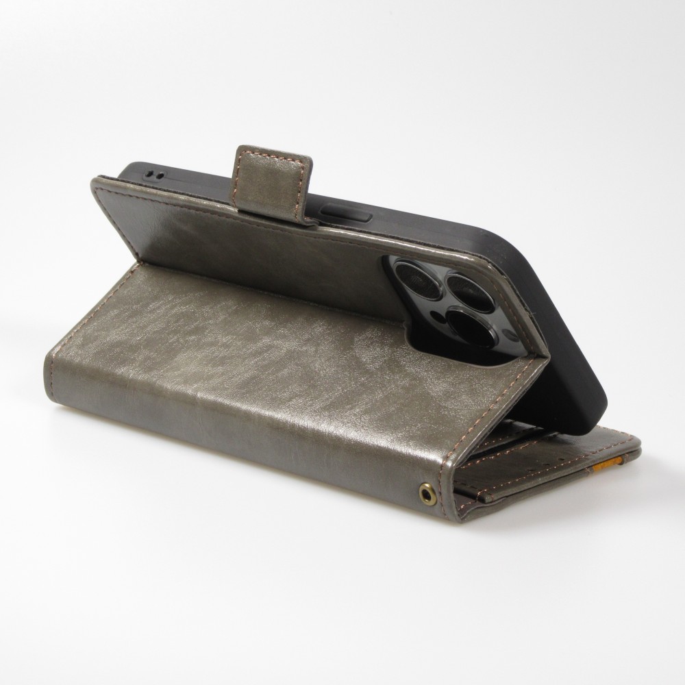 Etui cuir iPhone 13 - Flip Wallet en cuir véritable avec stripe design et compartiment à cartes - Gris