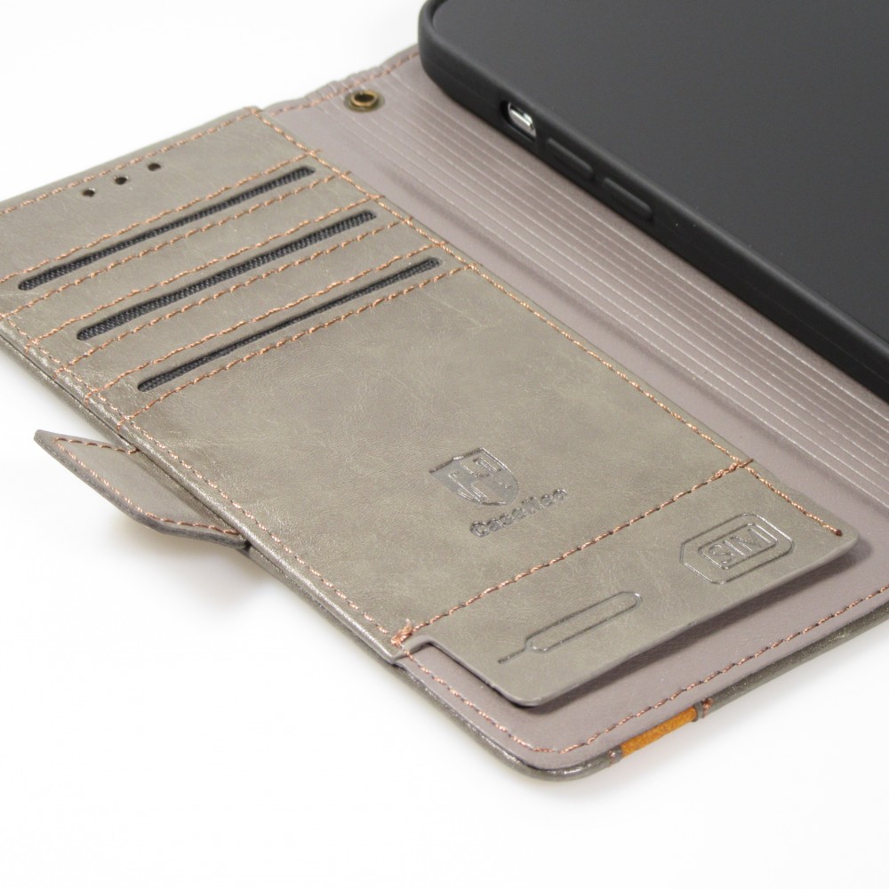 iPhone 13 Leder Tasche - Flip Wallet Echtleder mit Akzentstreifen & Kartenhalter - Grau