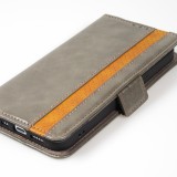 Etui cuir iPhone 13 - Flip Wallet en cuir véritable avec stripe design et compartiment à cartes - Gris