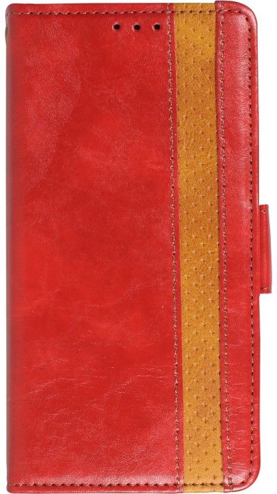 iPhone 13 Leder Tasche - Flip Wallet Echtleder mit Akzentstreifen & Kartenhalter - Rot