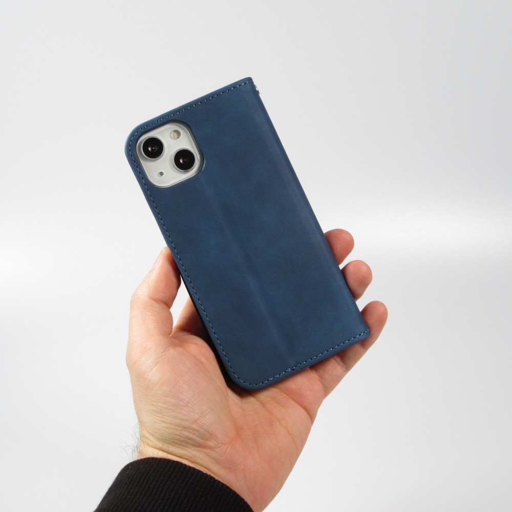 Etui cuir iPhone 13 - Flip Wallet vintage avec fermeture aimantée et compartiment cartes - Bleu