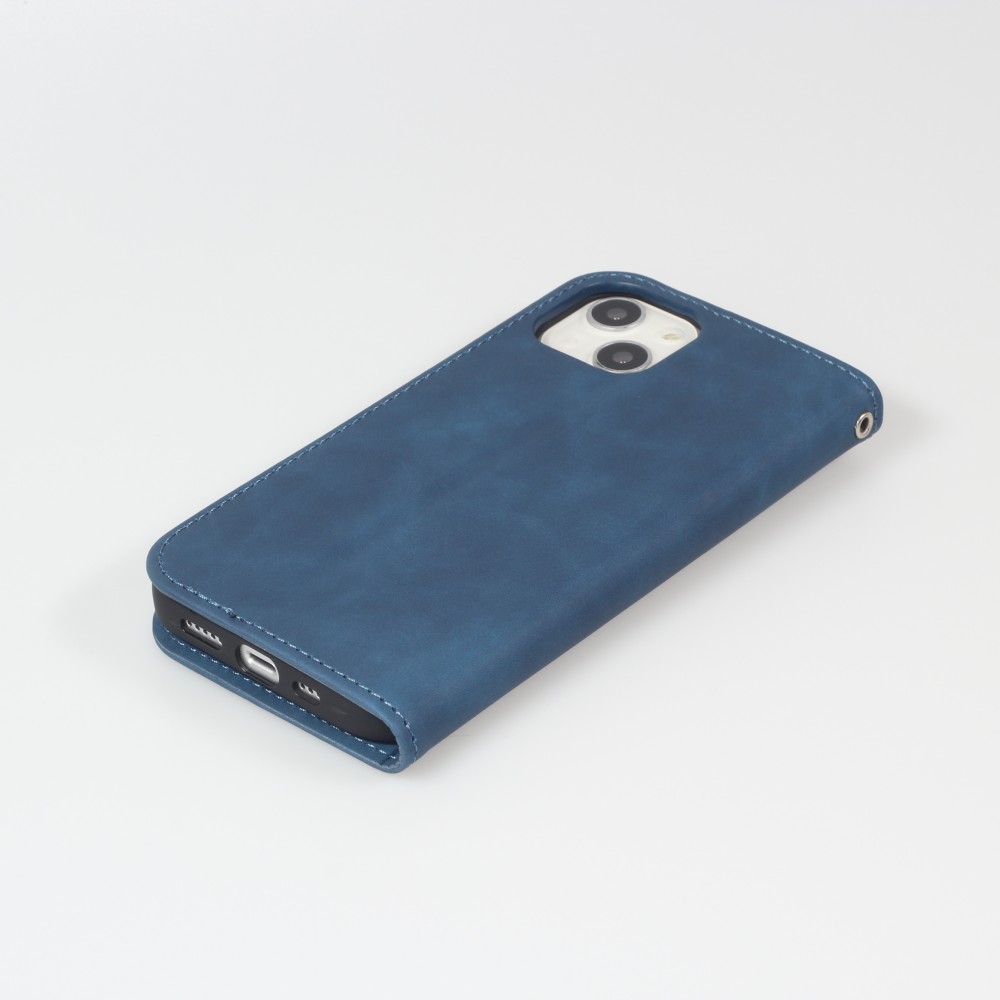 Etui cuir iPhone 13 - Flip Wallet vintage avec fermeture aimantée et compartiment cartes - Bleu