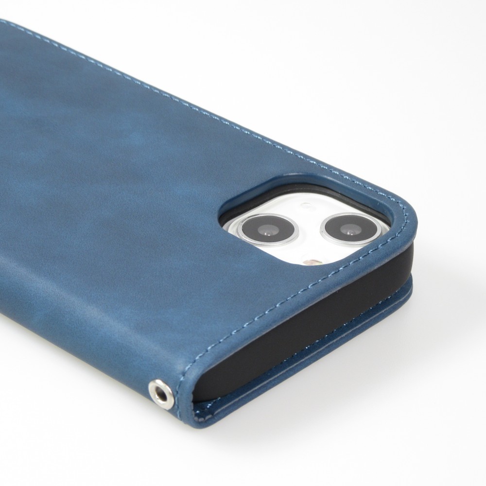 Etui cuir iPhone 13 - Flip Wallet vintage avec fermeture aimantée et compartiment cartes - Bleu