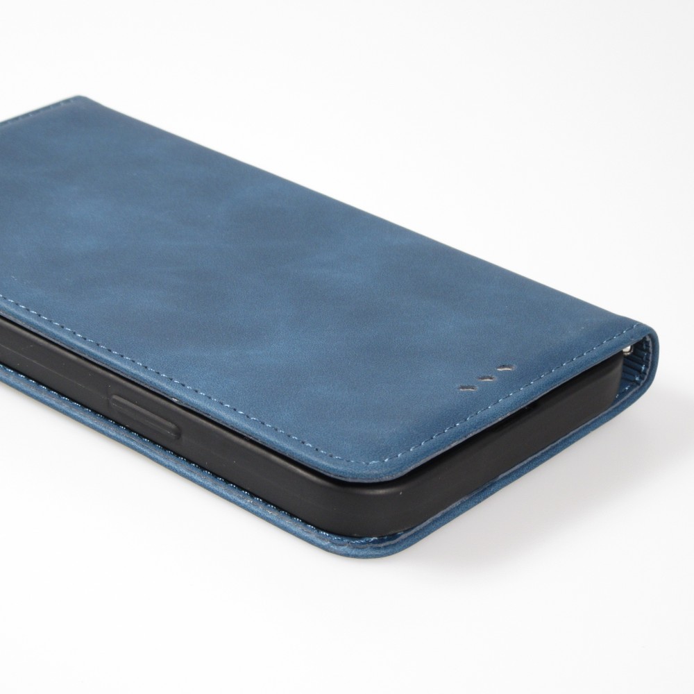 Etui cuir iPhone 13 - Flip Wallet vintage avec fermeture aimantée et compartiment cartes - Bleu