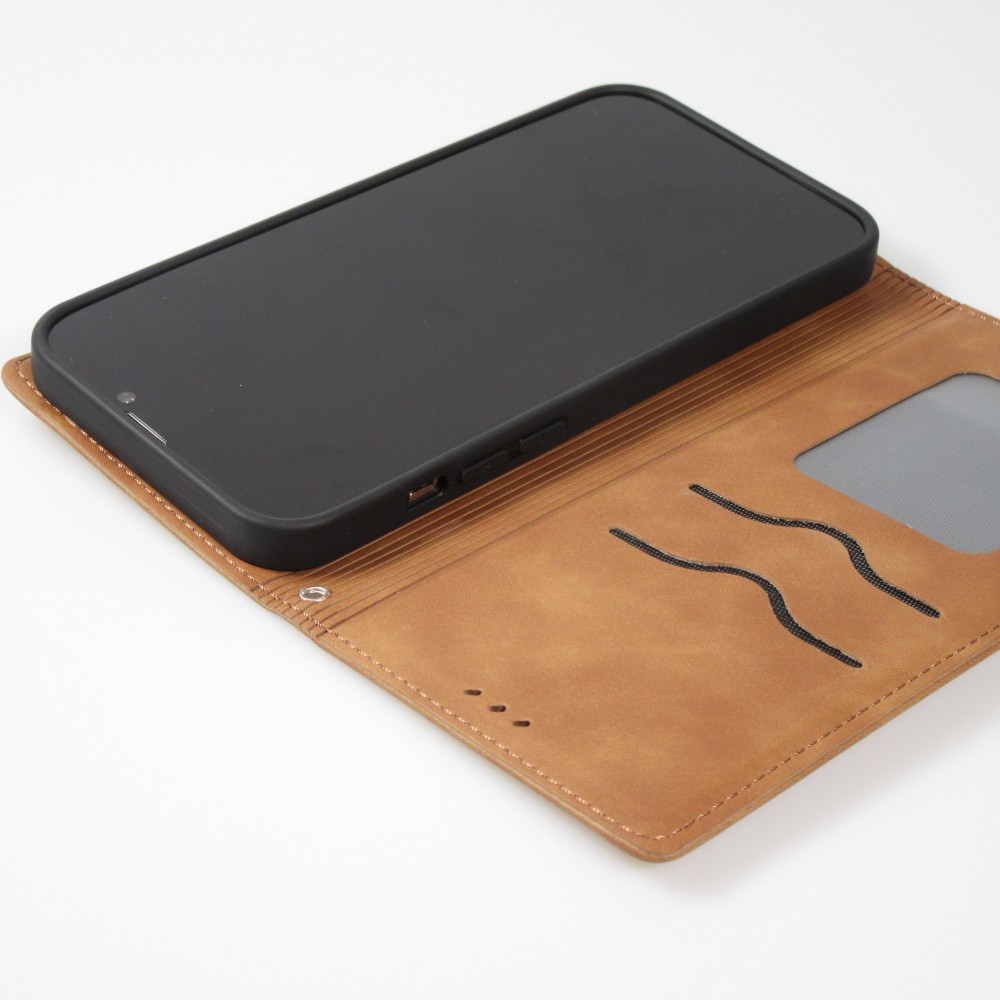 Etui cuir iPhone 13 - Flip Wallet vintage avec fermeture aimantée et compartiment cartes - Brun
