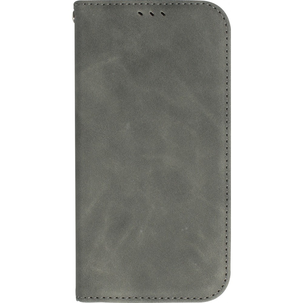 Etui cuir iPhone 13 - Flip Wallet vintage avec fermeture aimantée et compartiment cartes - Gris