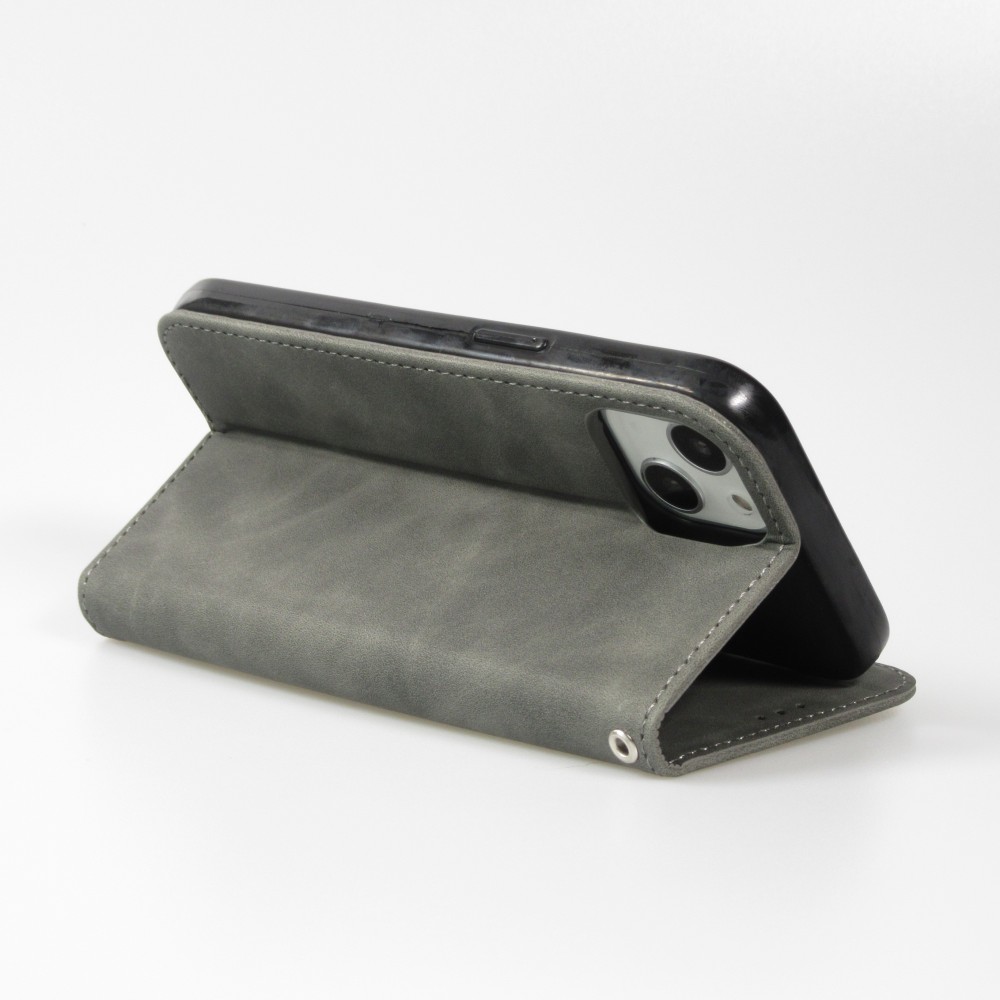 Etui cuir iPhone 13 - Flip Wallet vintage avec fermeture aimantée et compartiment cartes - Gris