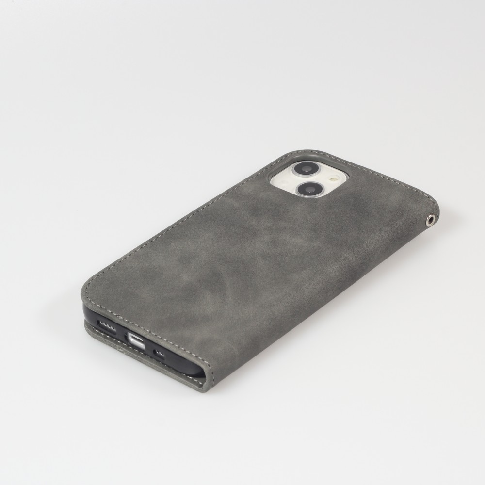 Etui cuir iPhone 13 - Flip Wallet vintage avec fermeture aimantée et compartiment cartes - Gris