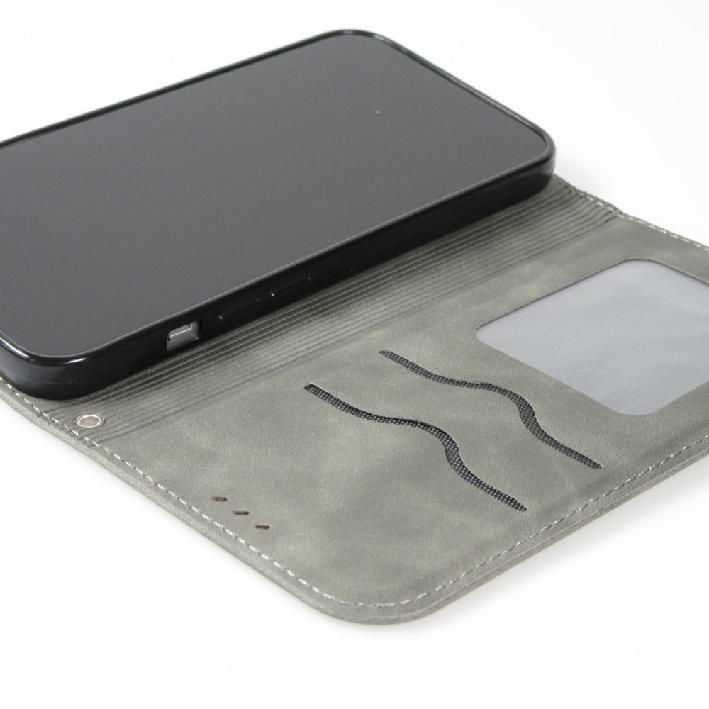 Etui cuir iPhone 13 - Flip Wallet vintage avec fermeture aimantée et compartiment cartes - Gris