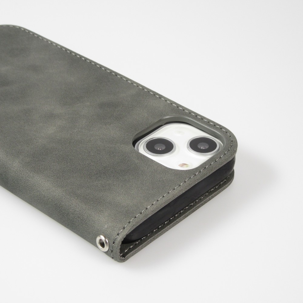 Etui cuir iPhone 13 - Flip Wallet vintage avec fermeture aimantée et compartiment cartes - Gris