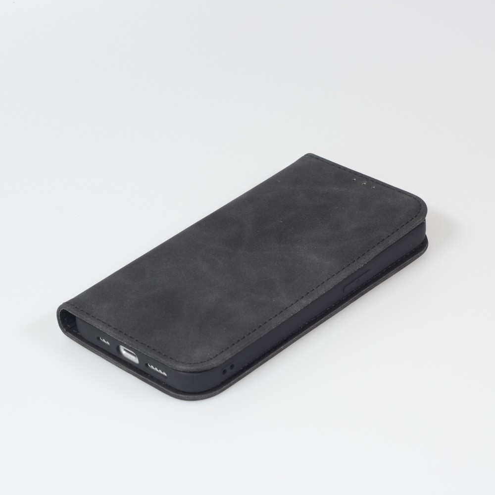 Etui cuir iPhone 13 - Flip Wallet vintage avec fermeture aimantée et compartiment cartes - Noir