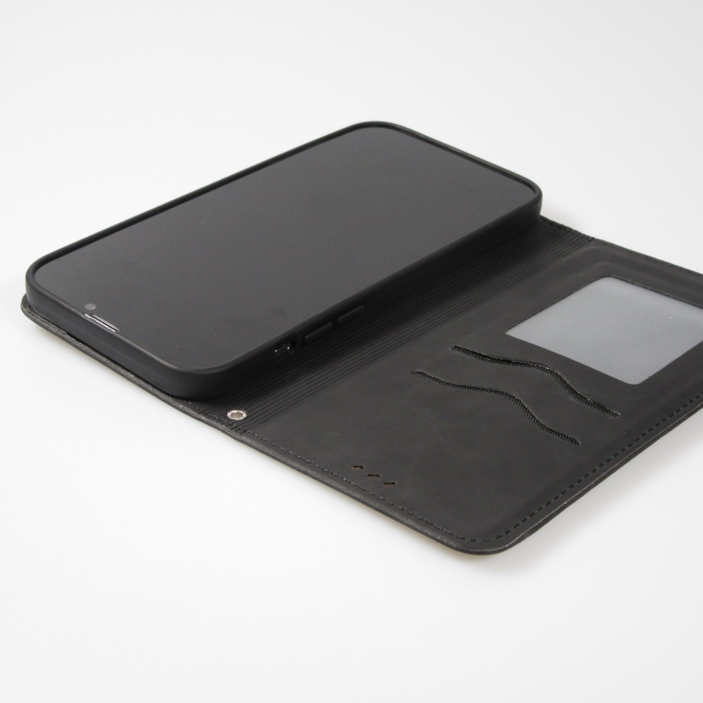 Etui cuir iPhone 13 - Flip Wallet vintage avec fermeture aimantée et compartiment cartes - Noir
